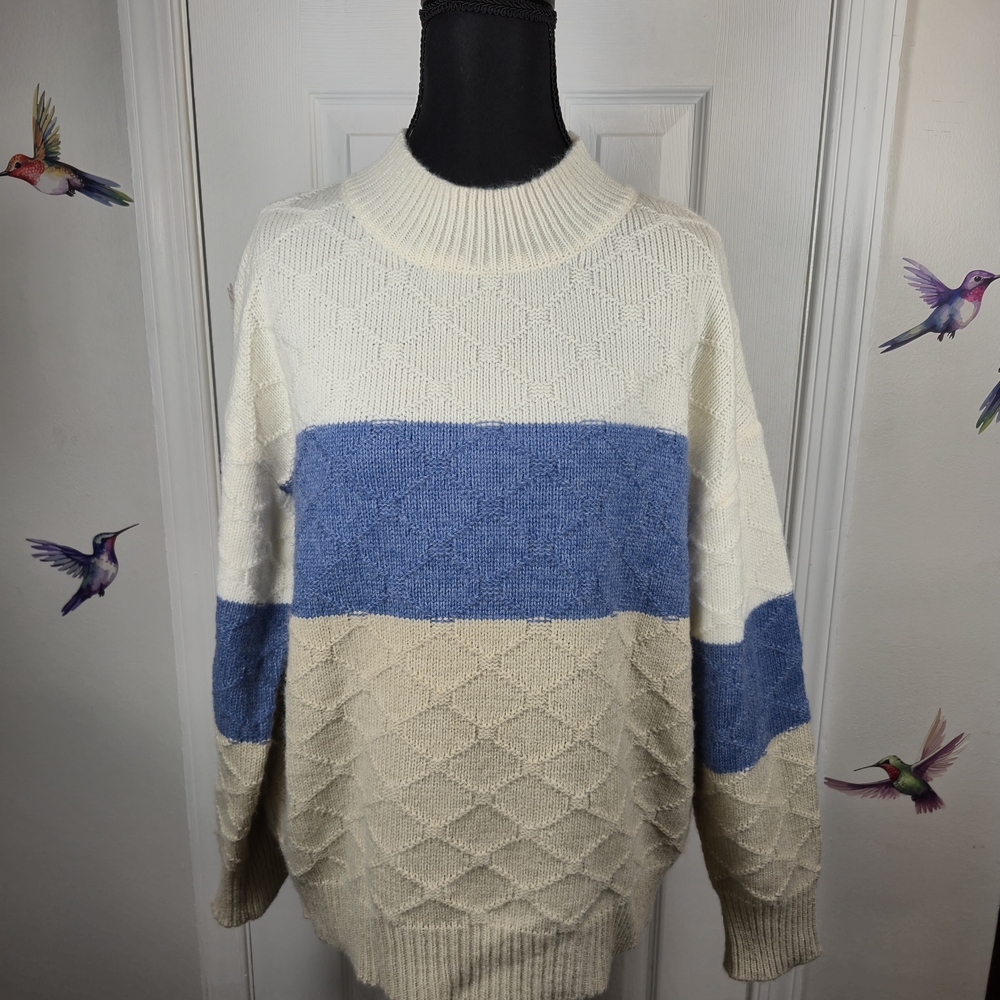 Oversized Diamond Knit Argyle Colorblock Cream & Blue Mock Neck Sweater S Preppy